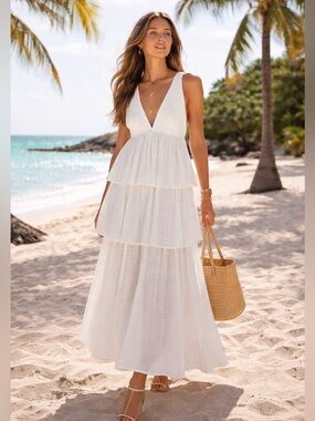 RHODE Leela Tiered Maxi Dress in Ivory Size L